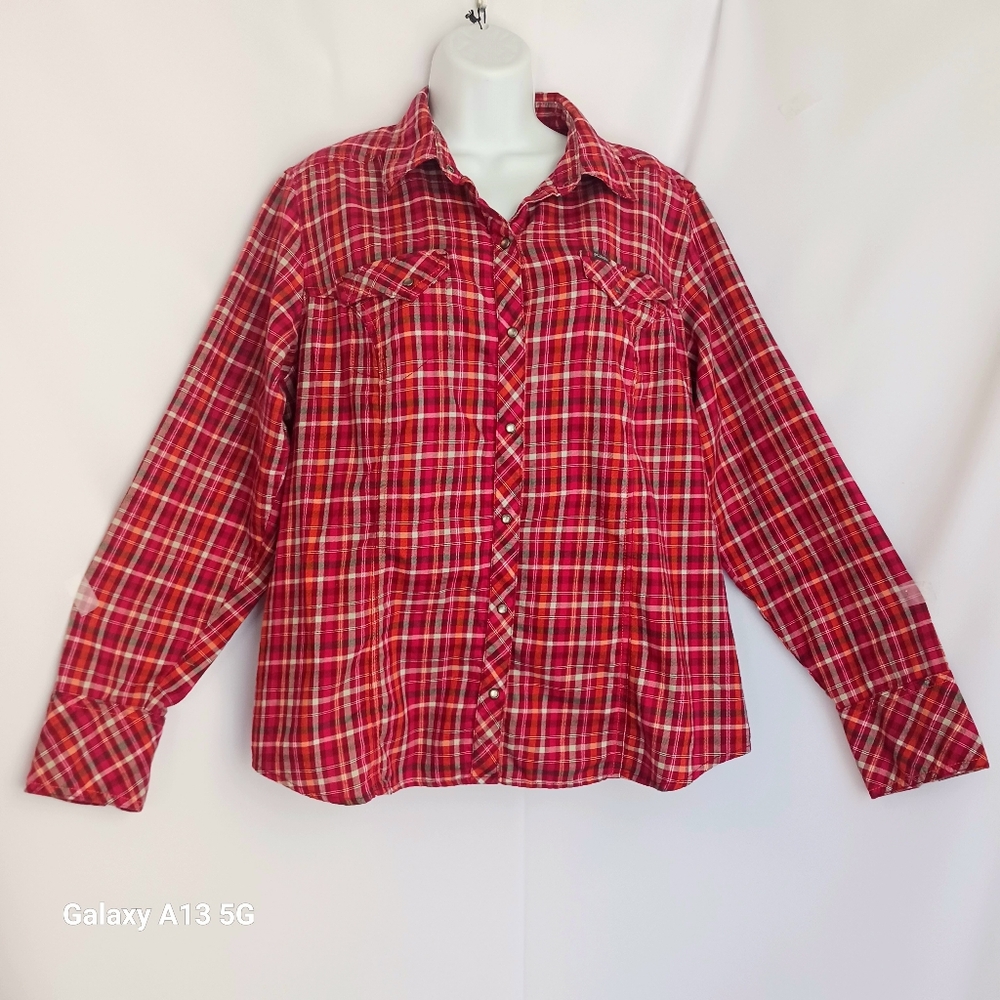 Columbia Sportwear Womens Plaid Long Sleeve Red Pearl Cotton Shirt Sz XL